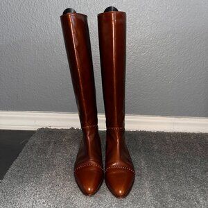 BASSOTTO KNEE HIGH RIDING BOOTS COGNAC LEATHER BROGUE DETAILS MADE IN ITALY EU40